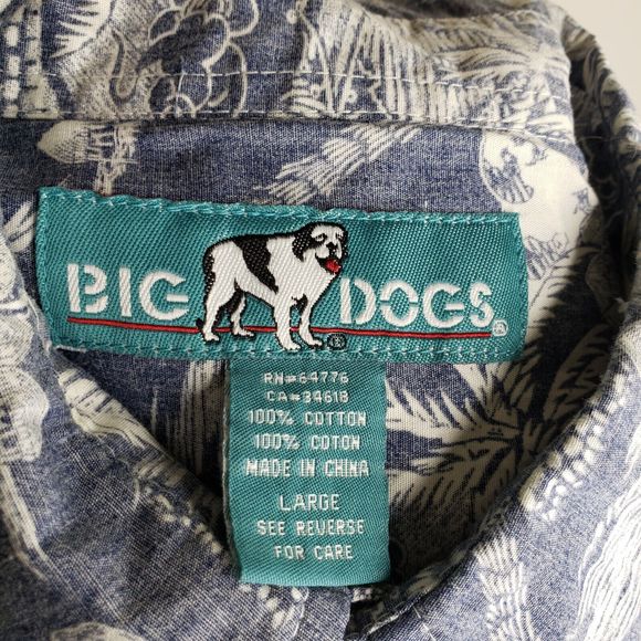 Vintage Big Dogs Reverse Print Hawaiian Shirt Large Cotton Blue White Palms 50" - Picture 4 of 9